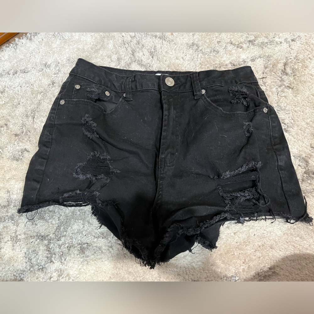 Black Denim Distressed Shorts
